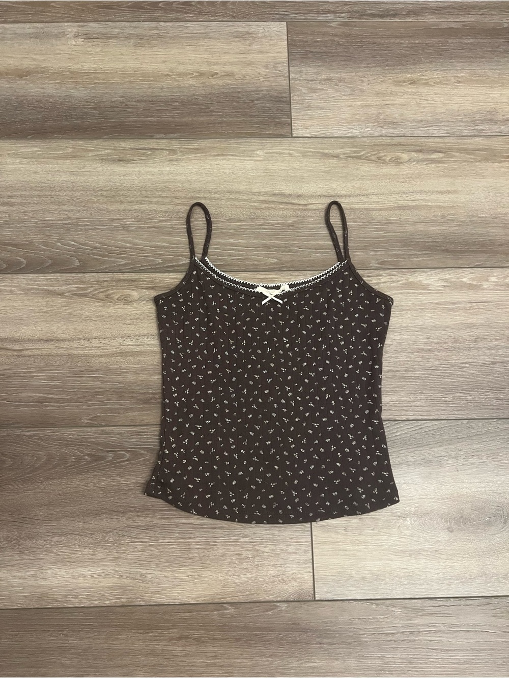 Women’s Brown Floral Lace-Trim Cami with Contrast Bow